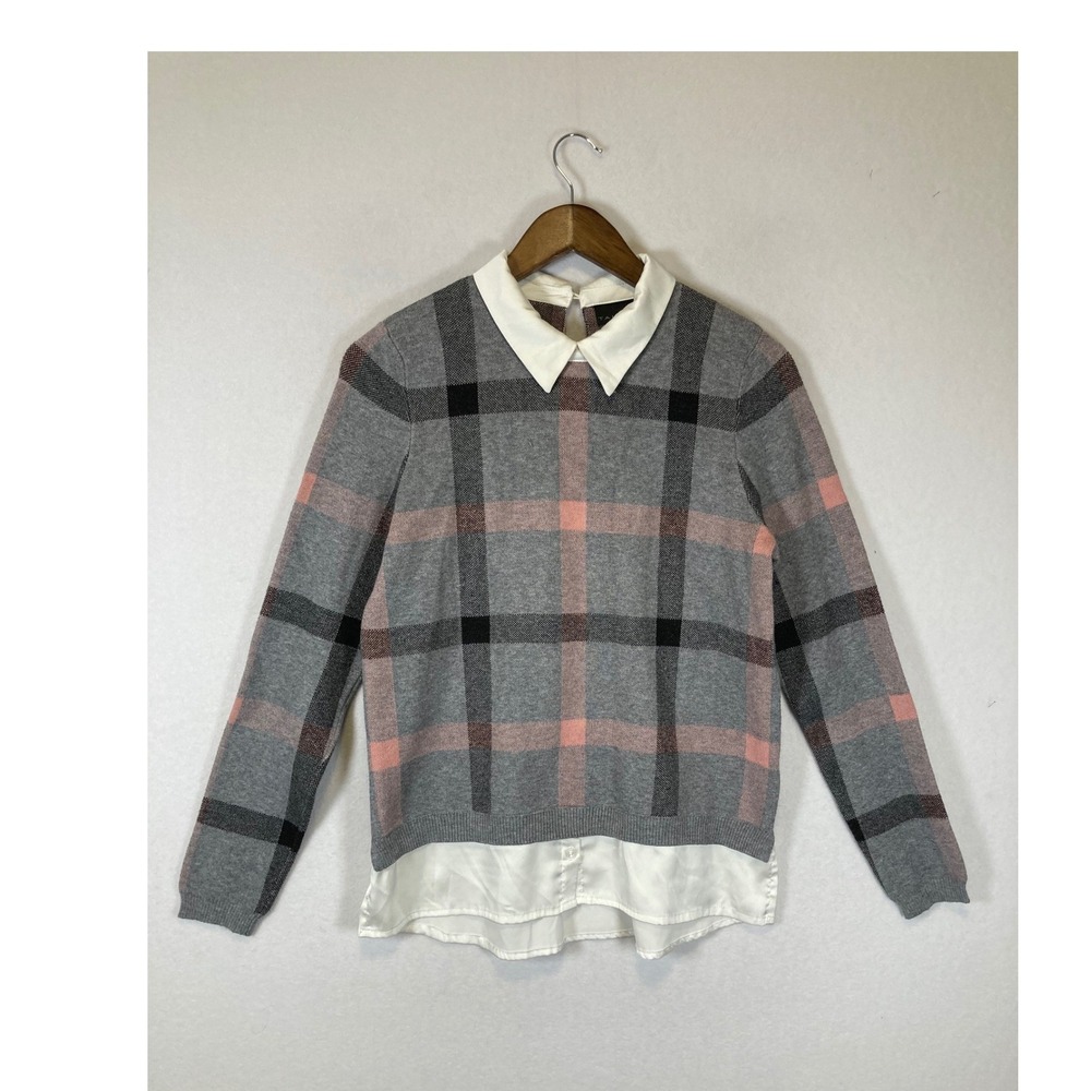 Preppy Tahari Women Medium‎ Grey Pink Plaid Layered Look Collared Sweater